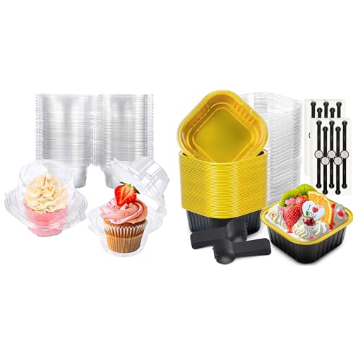 Bundle of 50 Pack Individual Cupcake Containers and 60 Pack Mini Cake Pans for Pudding, Souffle, Party, Wedding