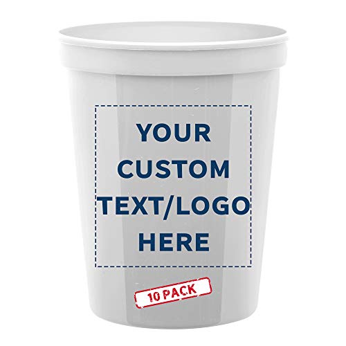 Plastic Cups - Stadium Drinking Disposable Beer Pong Party Cup - 16 oz - 10 pack - Customizable Text Logo -Great for Kids and Adults - White