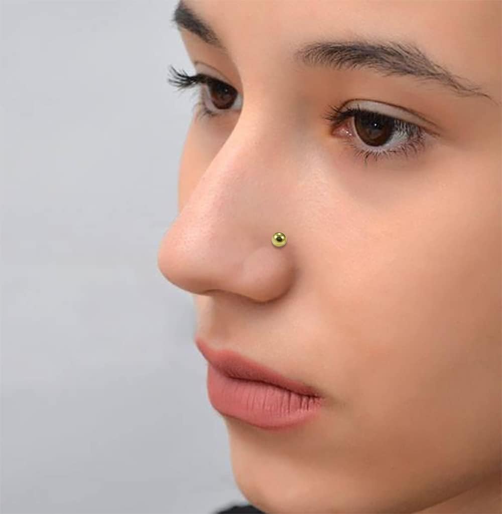 14K Solid Yellow Gold 3mm Plain Ball Top 22 Gauge Nose Stud - Tiny Nose Ring - Gold Nose Stud Piercing Body Jewelry