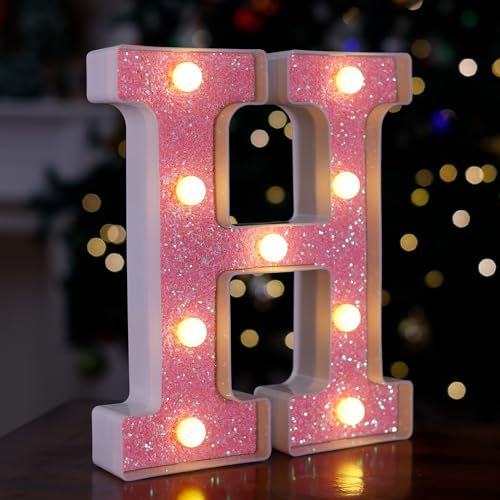Image of LED Letter Lights Pink Glitter Marquee Letters Light Up Alphabet Letters Sign Battery Powered for Home Party Decoration Night Bar Wedding Birthday Christmas Lamp Girls Gift - Letter H
