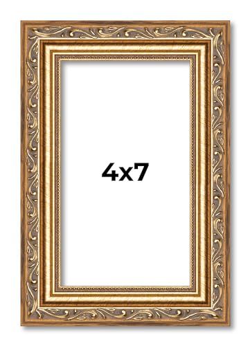 Poster Palooza 4x7 Inch Frame Gold Antique Picture Frame with UV Acrylic Plexiglass, Foam Board Backing & Hardware Included - 4x7 Inch Frame