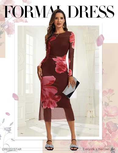 Dressystar Women’s Floral Print Bodycon Maxi Dress 2025 Summer Fall Ruched Long Sleeves Mesh Formal Wedding Guest Dresses4