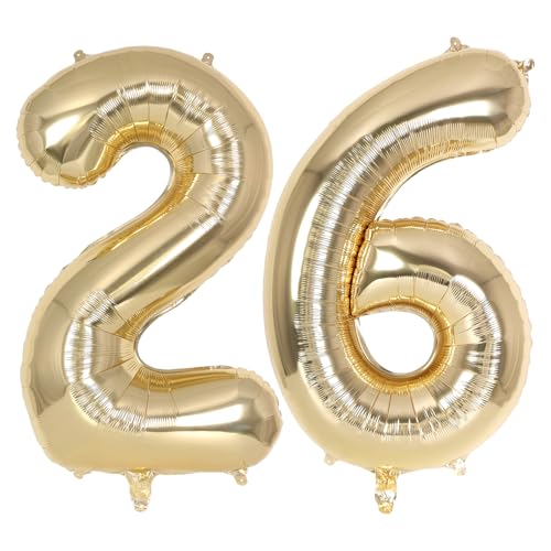 Image of Champagne Gold Large Number 26 Balloon, 40 Inch Light Gold Foil Helium Number Balloons, Giant Mylar Number 26 Balloons for 26 Years Old Birthday Party Anniversary Decorations (Champagne Gold 26)