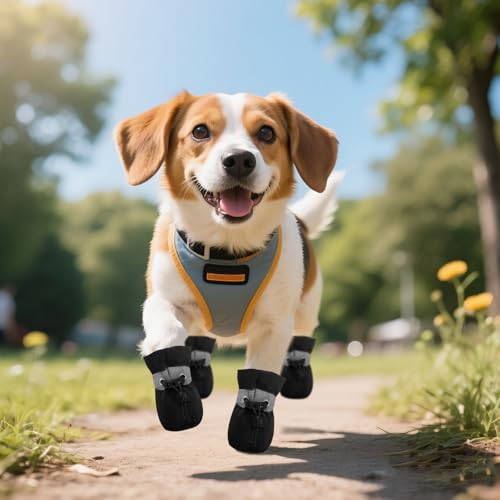 4 PCS Hundeschuhe Sommer, Hundeschuhe Pfotenschutz, Pfotenschutz für Hunde, Ausgestattet mit Reflektierendem Band, Geeignet für Den Lnnen- und Außenbereich, Atmungsaktiv und Verschleißfest/Schwarz 6
