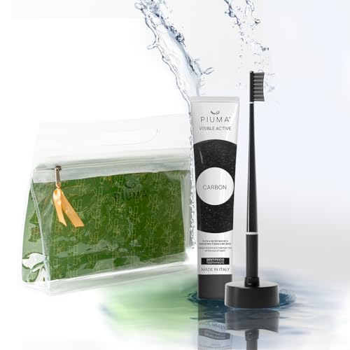 Piuma Care Set Regalo per Lei Cura Orale con Carbone Attivo e Bamboo, Nero – Dentifricio Sbiancante e Spazzolino Denti Bianchi con Setole Attive, Supporto Calendario, Pochette Elegante