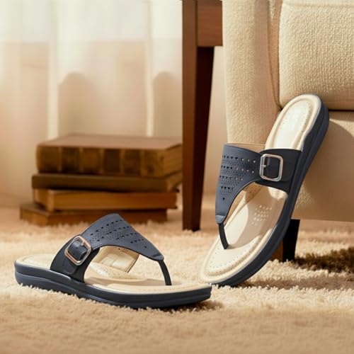 Image of DOCTOR EXTRA SOFT Women's Memory Foam Flat Slippers /Flip-Flops Stylish Casual Comfortable Diabetic Orthopedic Lightweight Slip-On Sandals with Adjustable Buckle for Women & Girls D-609