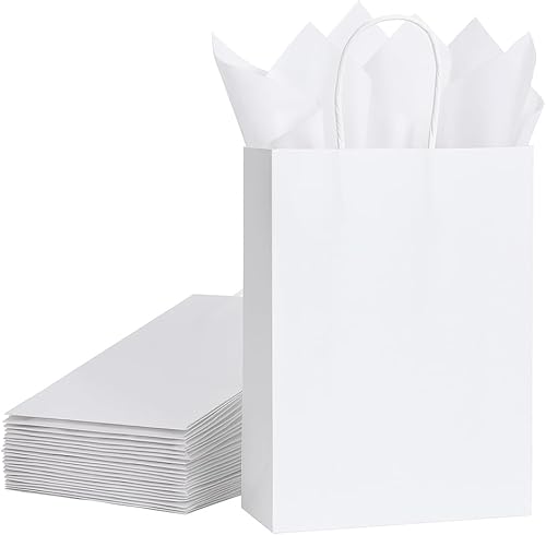 SUNCOLOR Paquete de 24 bolsas de regalo blancas con asas, bolsas de regalo de 8 pulgadas con 24 papeles de seda blancos para recuerdos de fiesta,