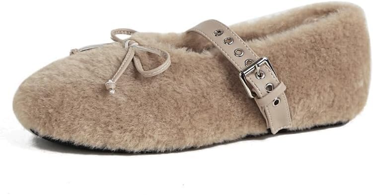 Fur Ballet Flats with Buckle for Women Comfy Faux Shearling Mary Jane Flats Comfy Cute Faux Fur Flat Shoes for Women