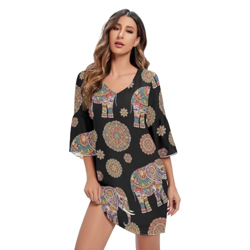 Robe noire motif éléphant bohème col V imprimé fluide coupe A-line
