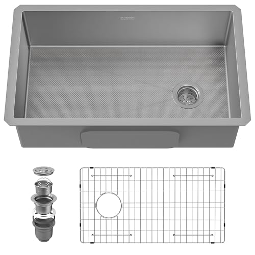 Image of 32 Inch Undermount Kitchen Sink, 304 Stainless Steel with Nano Coating, Single Bowl, Modern Design for Workstation, RV, Prep Kitchen & Bar, Drain Assembly Included, 32x19 Inch (Silver)
