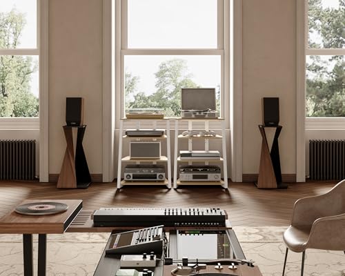 Image of FITUEYES 4-Tier AV Media Stand Corner Shelf Stand Wooden Corner Shelves Component Cabinet Stereo Rack Audio Tower with Height Adjustable Wooden Shelves for ps4 (White Oak)
