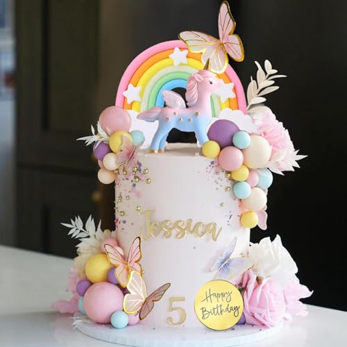 53PCS Unicorn Cake Topper Unicorn Rainbow Pink Arch Cake Decorations Artificial Dried Flower Cake Insert Decoration Colorful Ball Cake Topper for Boys Girls Kids Birthday Party Supplies