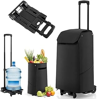 COSTWAY 2 in 1 Foldable Shopping Trolley, 3 Height Adjustable Portable Shopping Cart on Wheels with Bottom Extendable Design & Detachable Bag, Supermarket Rolling Grocery Bag/Hand Tuck (Black)