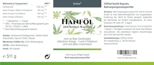 EXVital HANFÖL Kapseln - hochdosiert & kaltgepresst | 365 Kapseln (Jahresvorrat) | 1000mg je Kapsel | Laborgeprüft | pflanzliche Omega 3,6 + 9 - Hanfsamenöl | Made in Germany