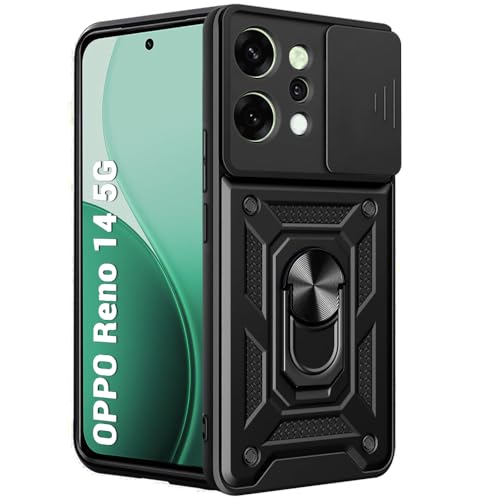 Image of TheGiftKart Tough Armor Bumper Back Cover Case for Oppo Reno 14 5G | Sliding Camera Cover, Kickstand & Ring Holder | 360 Degree Protection Back Cover Case for Oppo Reno14 5G (PC & TPU, Black)