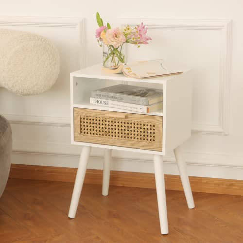 MaxSmeo White Nightstand with Drawer, Mid Century Modern Nightstand, Rattan Side Table, End Table with Storage for Living Room, Bedroom and Small Spaces, Easy Assembly (White) - Image 8