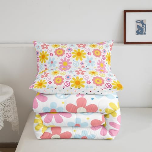 Image of Groovy Flower Bedding Set for Kids Boys Girls Retro Floral Boho Comforter Set Toddler Size Psychedelic Floral Duvet Quilt Bedroom Decor Breathable Soft Lightweight Microfiber Nature Theme 2Pcs