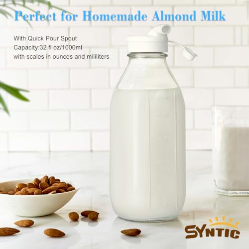 4 Pack 1 Liter Glass Milk Bottles w Scale, 100% Airtight Heavy Duty Screw Lid - 32 Oz Drinking Jars w 2 Pour Spouts - Glass Bottles for Milk, Honey, Jam, Creamer - Dishwasher Safe(Extra 2 Lids) by Syntic - Used condition - Image 5