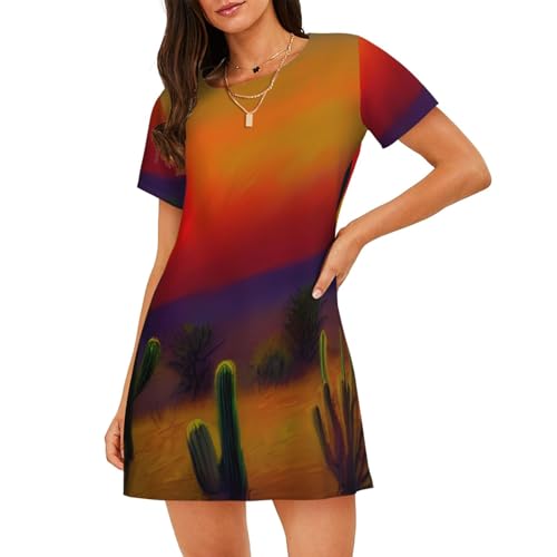 Chemise de nuit à manches courtes cactus pour femme | Robe de nuit fluide de maison