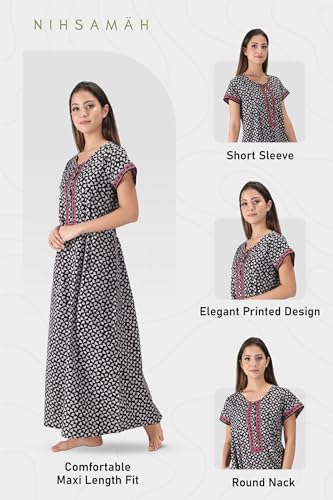 Image of NIHSAMAH Cotton Nighty for Women with Pocket, Premium Printed Long Nighty | Comfortable & Fancy Sleepwear /Nightwear