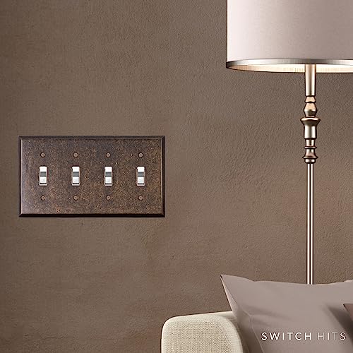 Switch Hits Quad Light Switch Plate GFCI Wall Plate Outlet Cover | 4 Toggle Mottled Antique Brass Electrical Faceplate | Hand Polished Thick Brass Construction | 4 Gang, 8.25" W x 4.5" H