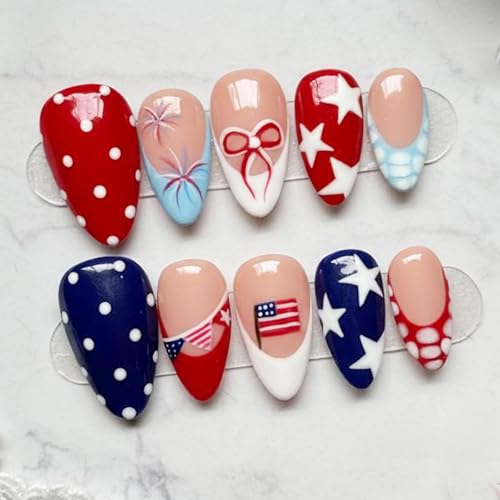30Pcs 4th of July Press on Nails Short Almond French Tip Fake Nails Red White Blue Patriotic False Nails with Star Bow Polka Dot Designs Independence Day Stick on Nails for Women Nail Art Decoration