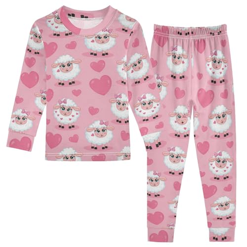 Pajama Sets Long Sleeve Sheep Hearts Pattern Background Soft Comfy Sleepwear 2 Piece PJS 3-8T