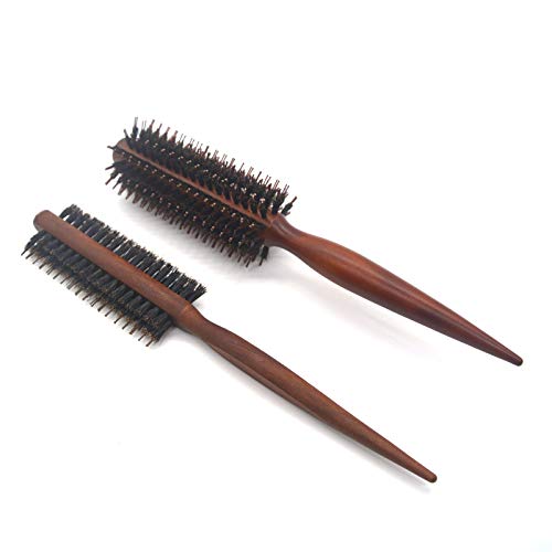 LEYMIGA Boar Bristle Round Brush Set, Wooden Boar & Nylon Round Hair Brush and Teasing Brush for Women , Anti-Static Boar Bristle Round Hairbrush for Blow Dry Styling Curling Hair, 2 Pcs