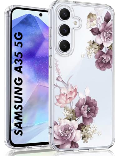 Image of VONZEE Clear Transparent Flower Case Compatible with Samsung Galaxy A55 5G, Shockproof Floral Design PC+TPU Back Cover, Camera Protection Slim Protective Phone Case for Women & Girls, Deep Purple