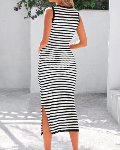 Image of Zenlonr Women's Sleeveless Summer Dresses 2025 Casual Crochet Knit Sundress Striped Long Tank Dress Beach Slip Dress
