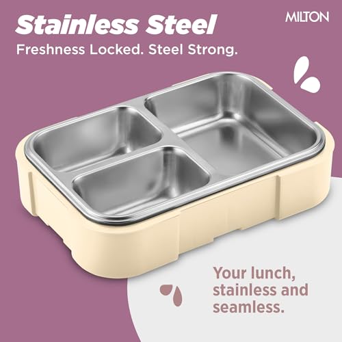 Image of MILTON Ethan 3 Inner Stainless Steel Tiffin Box for School, 3 Partition, Steam Release Plug | PU Insulated, Leak-Proof, Food Grade I Lunch Box for Kids Boys, Girls with Snap Lock Lid, 600 ml, Ivory