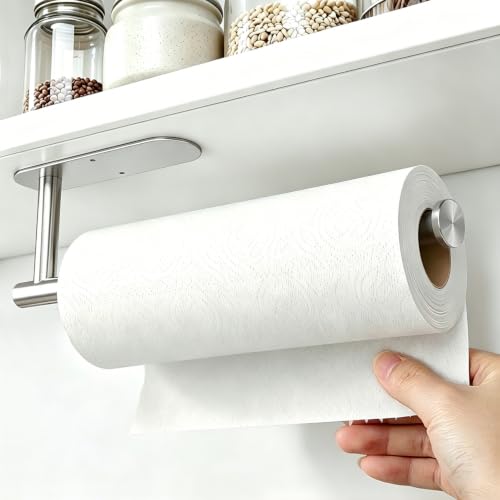 Image of Paper Towel Holder Under Cabinet - Self Adhesive Paper Towel Roll Holders Wall Mount, Stainless Steel Towel Rings for Kitchen Bathroom