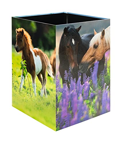 Image of HERMA 19741 Horses Waste Paper Bin 15 Litre Foldable Sturdy Cardboard Slim Trash Bin for Girls Boys Rectangular Waste Paper Bin for Nursery Bedroom Study Office