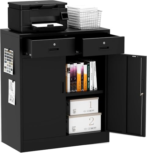 Image of Metal Storage Cabinet, 36 Inch Tall Locking Cabinet with 2 Doors and 2 Drawers, Metal Cabinets with Adjustable Shelf, Garage Cabinets for Garage, Warehouse, Classroom, Home Office, Black