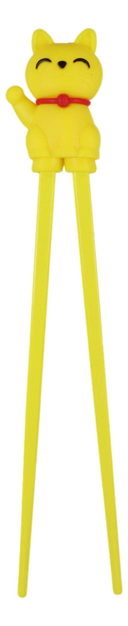 Ebros Gift Reusable Training Chopsticks Set With Animated Silicone Helper Hinge Guide for Sushi Noodles Rice Asian Dining Learning Fun (Yellow Maneki Neko Lucky Cat)