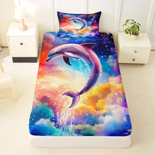 Image of jejeloiu Dolphin Bed Sheets Set Full Size Sea World Bed Set for Kids Boys Girls Tropical Ocean Deep Pocket Fitted Sheet Marine Life Breathable Soft Lightweight Microfiber