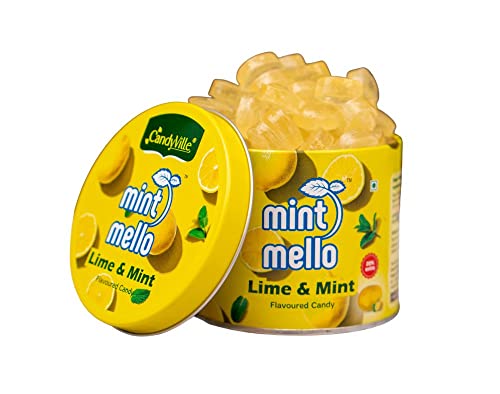 Image of CandyVille Mint Mello Lime Mint Candy Tin (340 Gm) | Mild Mint | Lemon Drops With Menthol | Flavoured Candy