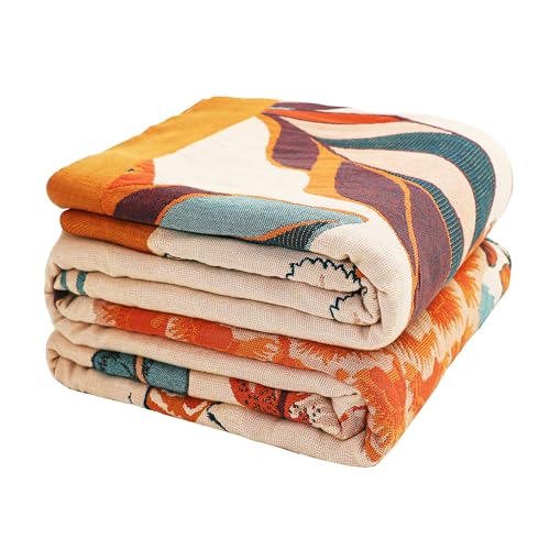 Boho Large Throw Blanket, 100% Organic Cotton Breathable Soft Bed Throw - Floral Bird Farmhouse Decor Blanket for Sofa Couch Chair Quilt and Gift. 91" x 98"- Beige