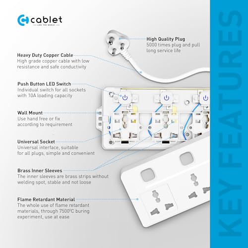 Cablet 240 Volts 4 Way Extension Board - 4 Universal Socket + 4 Switch, 10A and 2500W - 1.8m Heavy Duty Cable - White, Medium (Cablet 4040-18) - Image 4