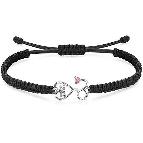 J.Endéar Stethoscope Bracelet Nurse Gifts for Women, Handmade Filigree Rope String 925 Sterling Silver Heart Dainty Jewellery Gift for Doctors Medical Students Graduation, Black
