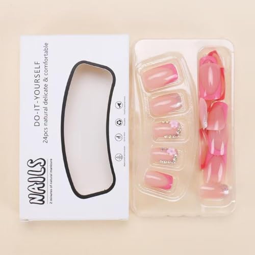 Image of Pink French Tip Press on Nails Rhinestone Flower Fake Nails Spring Nail Glossy Glue on Nails Reusable Artificial Acrylic Full Cover Short Square Stick on Nails for Women Girls Manicure 24Pcs