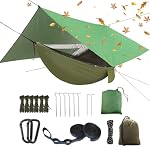 Oversized rain Tarpaulin Camping Hammock with Mosquito Net Rain Fly Heavy Duty Tree Strap Single Double Hammock Tent Waterproof Rainfly Set Camping Backpacking Backyard Patio Hiking(Army Green )