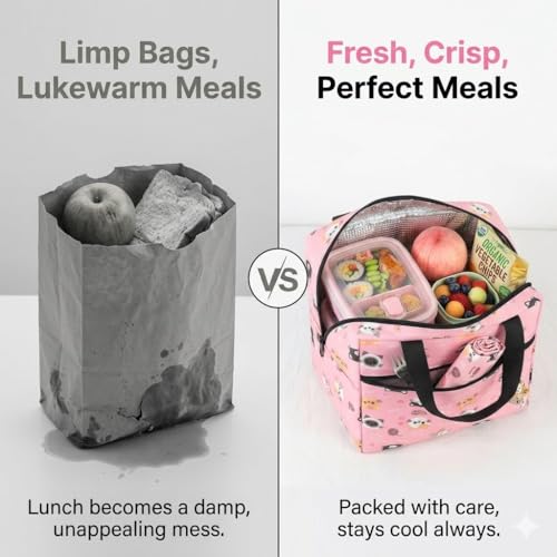 Image of Toy Imagine 5.6L Insulated Lunch Bag for Kids School Cute Cartoon Print Tiffin Bag Snack Tote Bag Compact Portable Leak Proof Tiffin Pouch Hot and Cold Lunch Box Bag for Boys & Girls(Cat Design Pink)