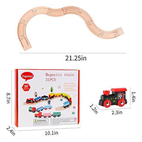 Joqutoys 31 Pcs Wooden Train Cars - Magnetic Train Set Includes 15 Cars, 10 Bonus Connectors & Storage Bag, Wooden Train Set Toy Train For Kids Toddlers, Compatible With Major Brands Train Tracks Set #TOP6