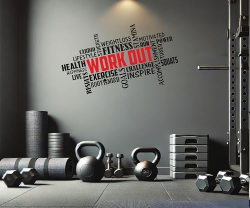 DesignDivil Workout Word Cloud. Premium Motivational Fitness Gym Motivational Wall Art Decal. (Black & Red)