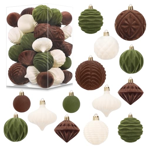 Ouddy Party 30PCS Velvet Christmas Ball Ornaments Set, Flocked Neutral Shatterproof Plastic Assorted Christmas Decorations, Large Hanging Balls Ornaments for Xmas Tree Wreath Home Party Holiday Decor