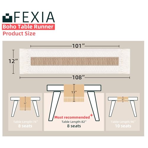 Image of FEXIA Boho Table Runner for Summer Home Decor with Tassels 108 Inches Farmhouse Long Pottery barn Furniture Rustic Macrame Burlap Centerpieces for Tables Decoration for Living Room (12x108 Inches)