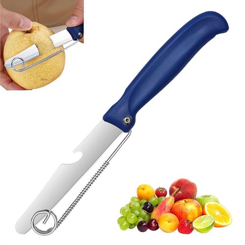 Coltello rapido per affettare frutta e verdura multifunzione 3 in 1 con molla rimovibile, apribottiglie integrato, strumento da cucina in acciaio inox per affettare e sminuzzare in modo sicuro (blu, 1