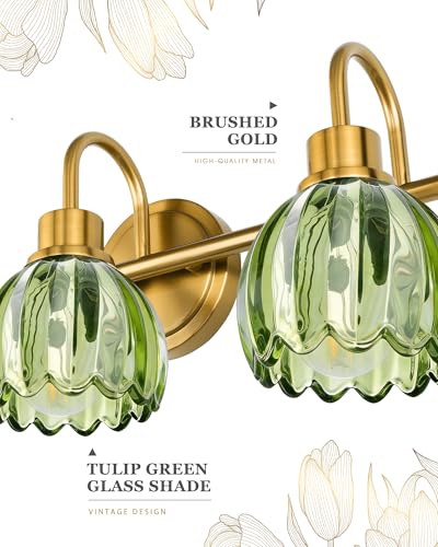 Image of 3-Light Gold Bathroom Light Fixtures with Green Tulip Glass Shade | 21 Inch Vanity Lights for Bathroom, Brass Vanity Lighting Fixtures Over Mirror, AD-22282-3W-GD-GR