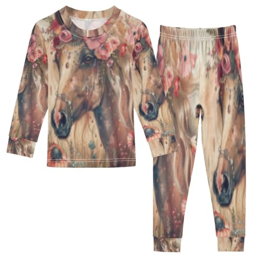 YZGO Fashion Boho Chick Style Horse with Flowers Pajama Set Cotton Pjs Sleepwear